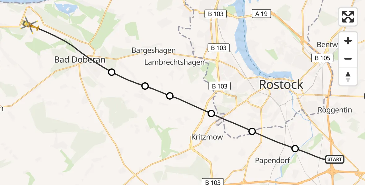 Flugroute Ambulanzhubschrauber Dummerstorf - Bad Doberan, 25 Juli 2026, 17:46