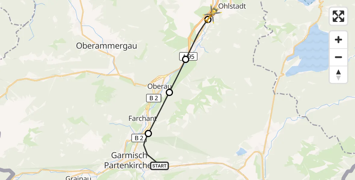 Flugroute Rettungshubschrauber Garmisch-Partenkirchen - Ohlstadt, 25 Juli 2026, 17:46