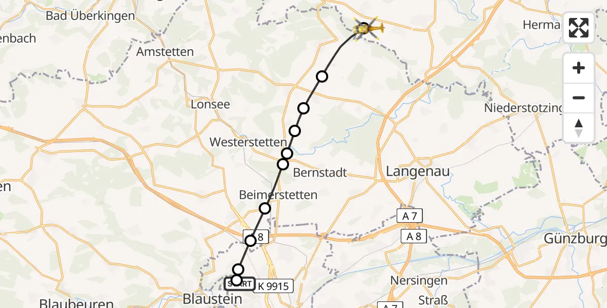 Flugroute Rettungshubschrauber Ulm Military Hospital Emergency - Gerstetten, 25 Juli 2026, 17:48