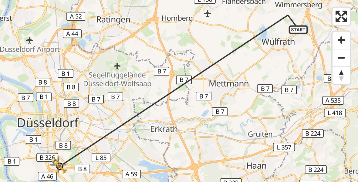 Flugroute Rettungshubschrauber Wülfrath - Düsseldorf University Hospital, 25 Juli 2026, 17:48