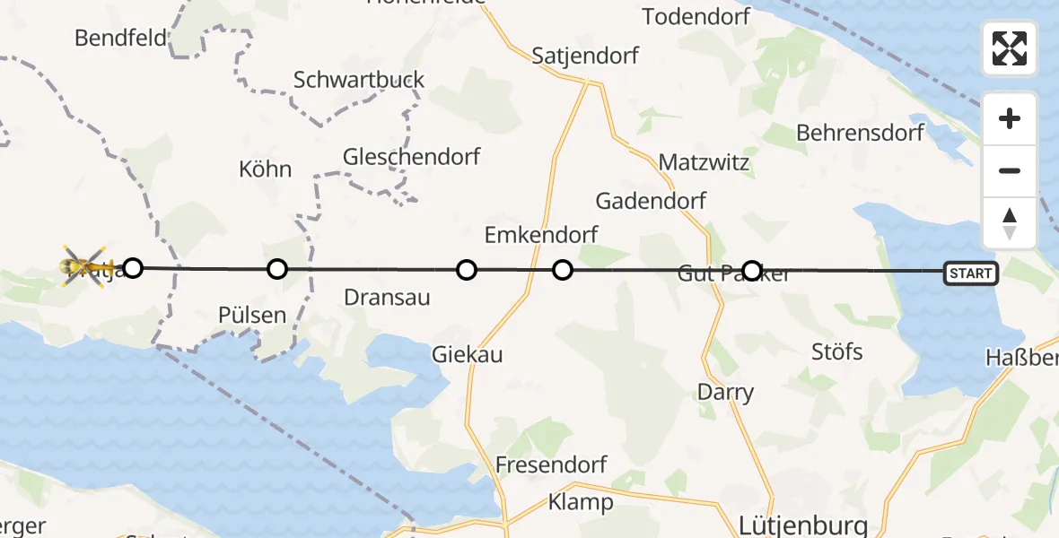 Flugroute Ambulanzhubschrauber Behrensdorf (Ostsee) - Fargau-Pratjau, 25 Juli 2026, 17:50