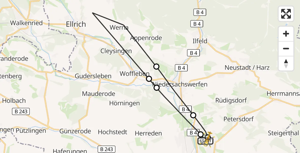 Flugroute Rettungshubschrauber Südharz Hospital Nordhausen - Südharz Hospital Nordhausen, 25 Juli 2026, 17:51