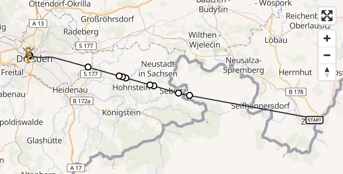 Flugroute Rettungshubschrauber Zittau - Dresden Friedrichstadt Hospital, 25 Juli 2026, 17:55