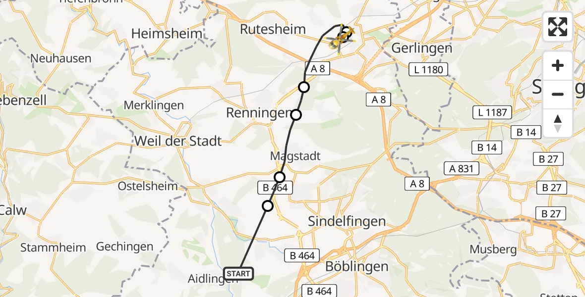 Flugroute Rettungshubschrauber Aidlingen - Leonberg Hospital, 25 Juli 2026, 18:04