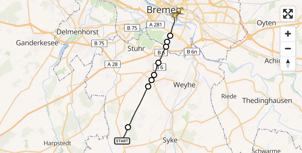Flugroute Rettungshubschrauber Bassum - Bremen, 25 Juli 2026, 18:04