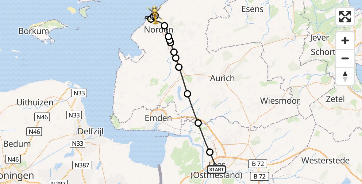 Flugroute Ambulanzhubschrauber Leer (Ostfriesland) - Norden-Norddeich Flughafen, 25 Juli 2026, 18:08