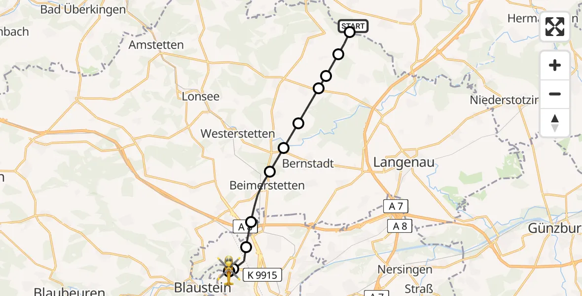 Flugroute Rettungshubschrauber Gerstetten - ADAC Air Rescue Station Ulm (Christoph 22), 25 Juli 2026, 18:13