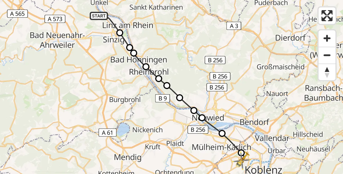 Flugroute Rettungshubschrauber Remagen - Koblenz, 25 Juli 2026, 18:13