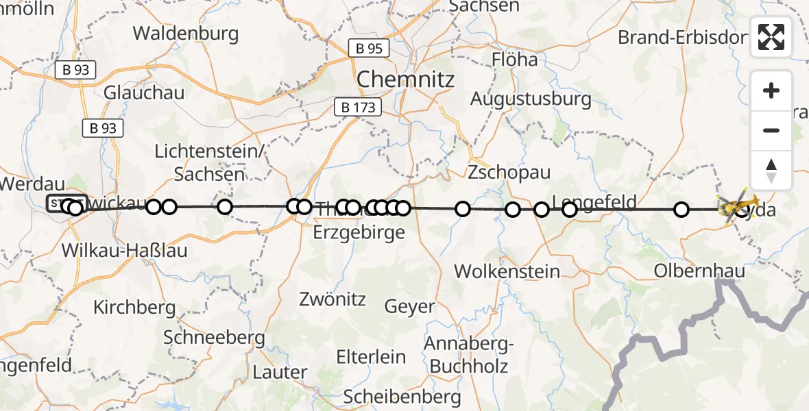 Flugroute Rettungshubschrauber ADAC Air Rescue Station Zwickau Hubschrauberlandeplatz - Sayda, 25 Juli 2026, 18:14