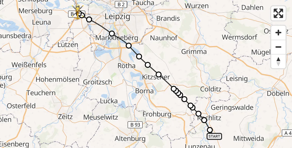 Flugroute Rettungshubschrauber Wechselburg - ADAC Air Rescue Station Leipzig/Schkeuditz-Dölzig Hubschrauberlandeplatz (Christoph 61), 25 Juli 2026, 18:15