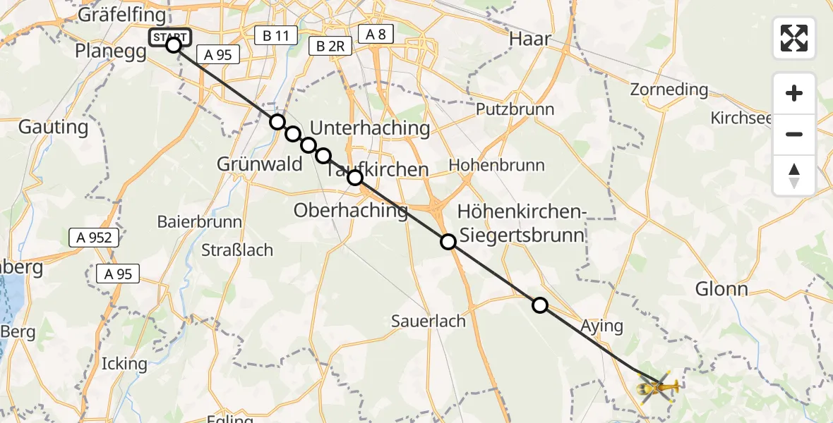 Flugroute Rettungshubschrauber DRF Air Rescue München Hubschrauberlandeplatz - Aying, 25 Juli 2026, 18:19