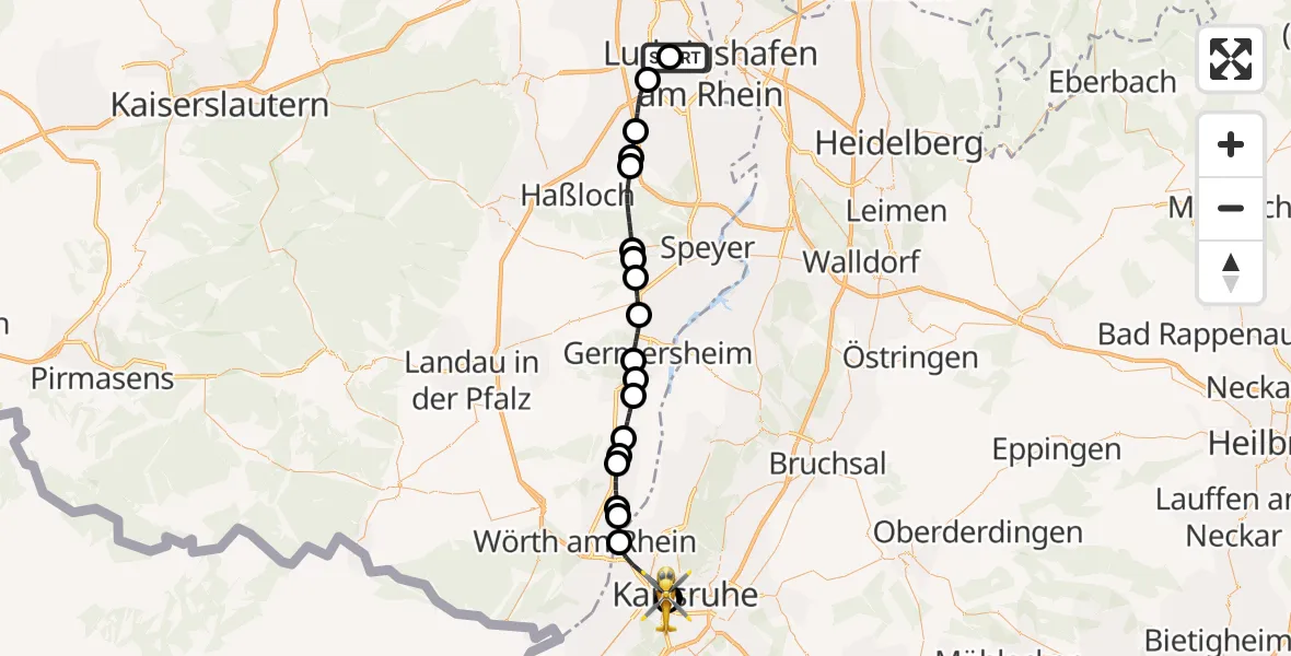 Flugroute Ambulanzhubschrauber Ludwigshafen Accident Hospital - Sankt Vincentius Hospital, 25 Juli 2026, 18:24