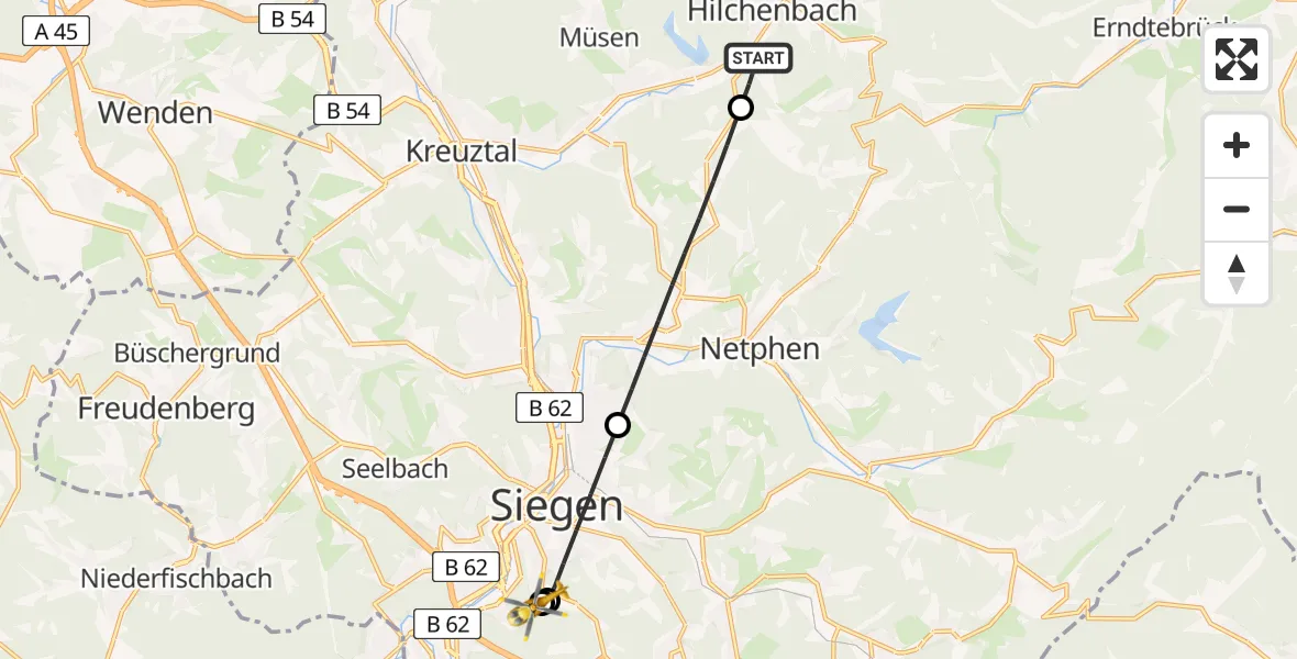 Flugroute Rettungshubschrauber Hilchenbach - Evangelisches Jung-Stilling Hospital, 25 Juli 2026, 18:29
