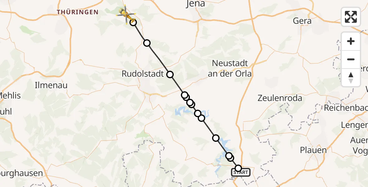 Flugroute Ambulanzhubschrauber Hirschberg - Bad Berka Central Hospital, 25 Juli 2026, 18:29