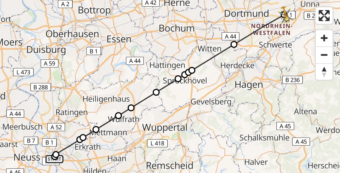 Flugroute Rettungshubschrauber Düsseldorf University Hospital - Dortmund Flughafen, 25 Juli 2026, 18:31