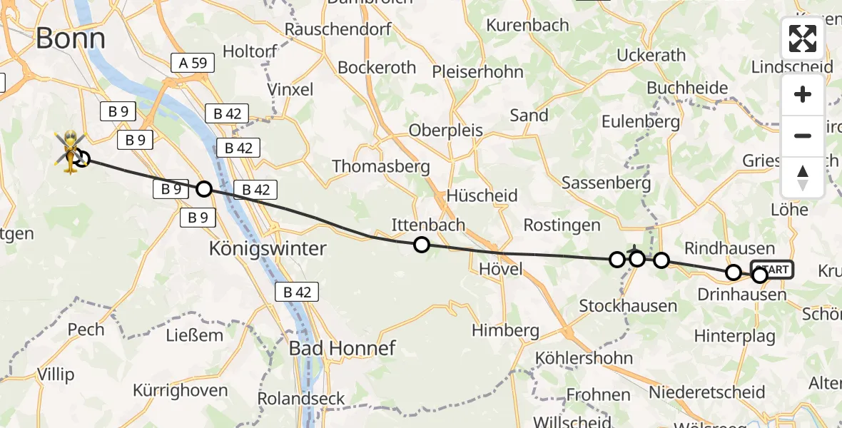 Flugroute Ambulanzhubschrauber DRK Kamillus Hospital Asbach - Bonn University Hospital, 25 Juli 2026, 18:32