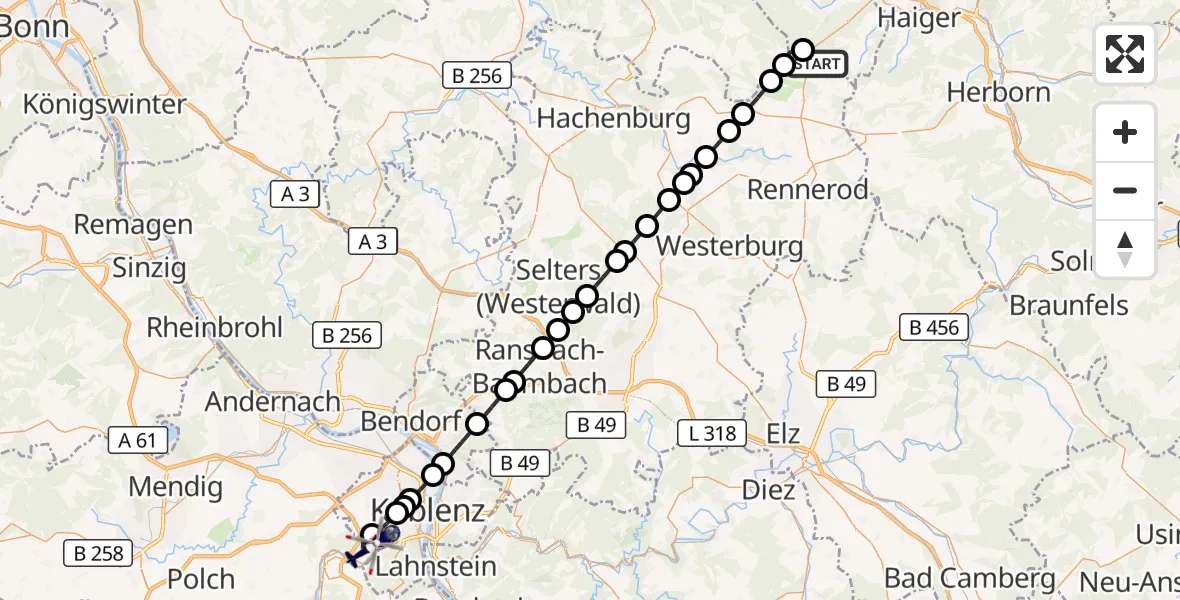 Flugroute Polizeihubschrauber Siegerland Flughafen - Koblenz-Winningen Flugplatz, 25 Juli 2026, 18:36
