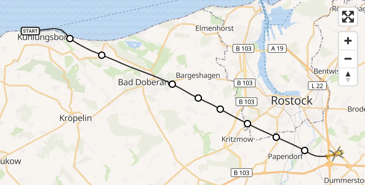 Flugroute Ambulanzhubschrauber Kühlungsborn - Dummerstorf, 25 Juli 2026, 18:37