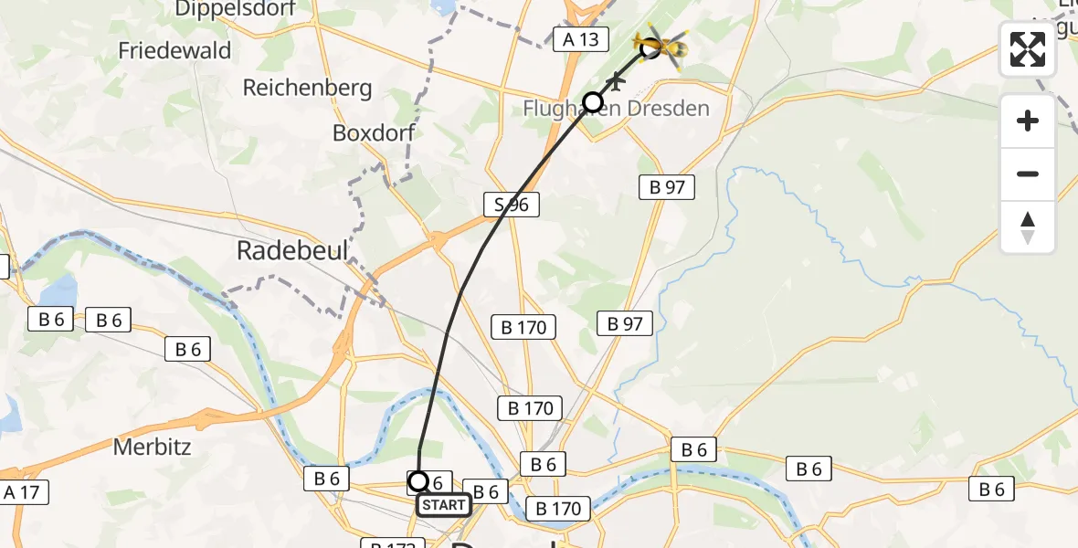 Flugroute Rettungshubschrauber Dresden Friedrichstadt Hospital - Dresden Bundespolizei Hubschrauberlandeplatz, 25 Juli 2026, 18:42