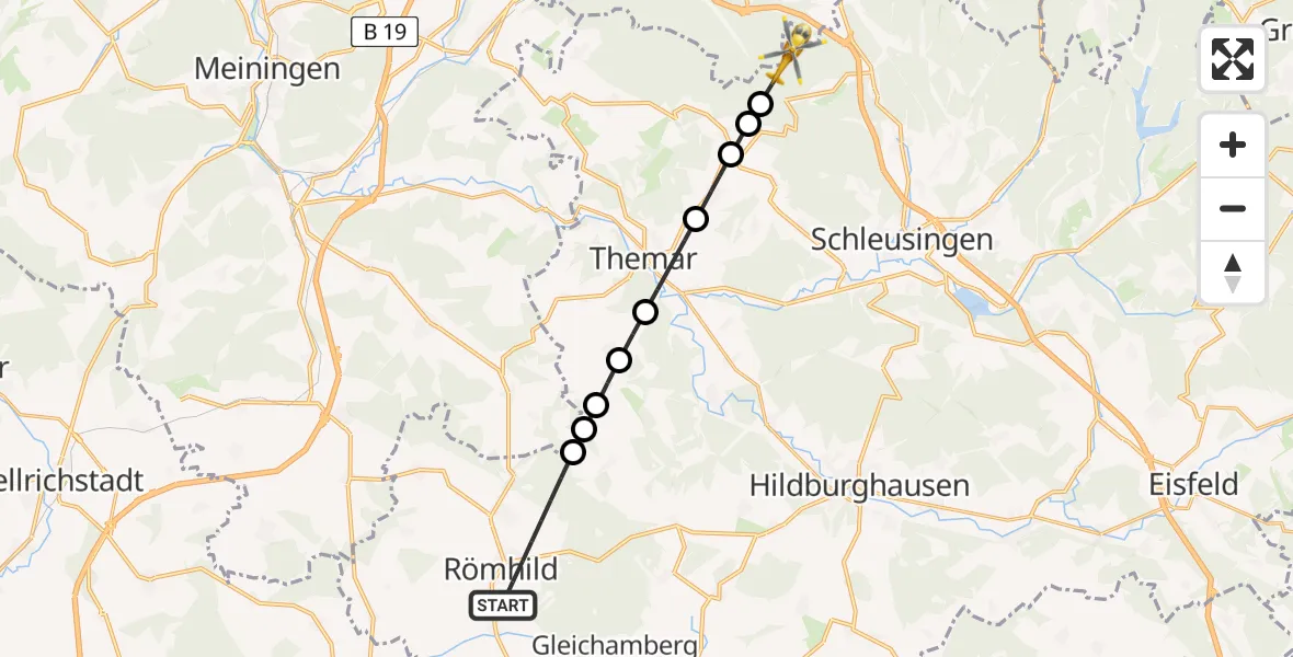 Flugroute Rettungshubschrauber Römhild - Schleusingen, 25 Juli 2026, 18:43