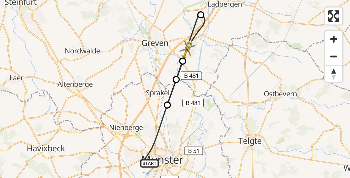 Flugroute Ambulanzhubschrauber Münster - Greven, 25 Juli 2026, 18:43