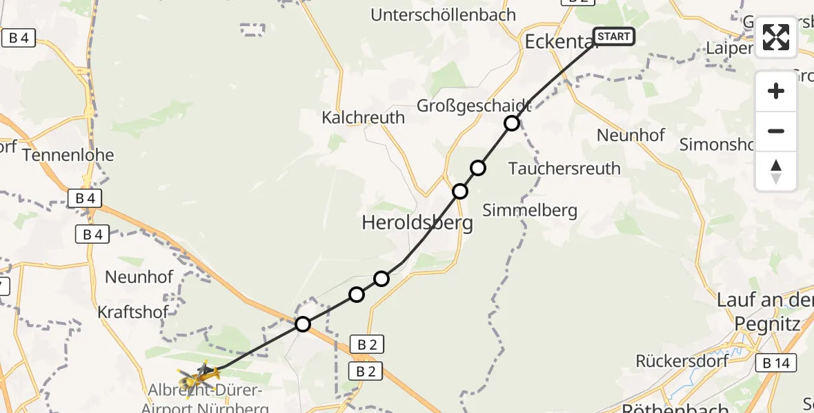Flugroute Ambulanzhubschrauber Eckental - Flughafen Nuremberg, 25 Juli 2026, 18:44