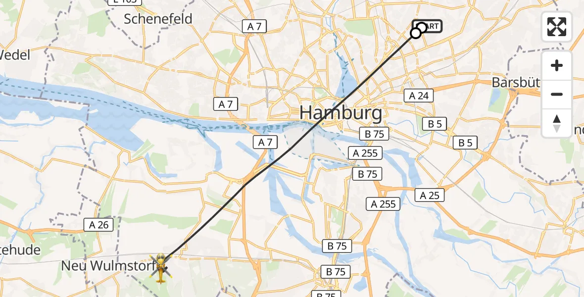 Flugroute Rettungshubschrauber Hamburg Military Hospital - Hamburg, 25 Juli 2026, 18:48