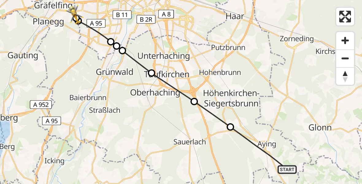 Flugroute Rettungshubschrauber Aying - DRF Air Rescue München Hubschrauberlandeplatz, 25 Juli 2026, 18:49