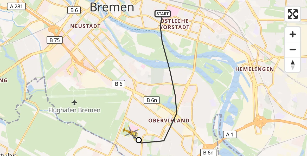 Flugroute Rettungshubschrauber Bremen - ADAC Air Rescue Station Bremen Hubschrauberlandeplatz (Christoph 6), 25 Juli 2026, 18:49