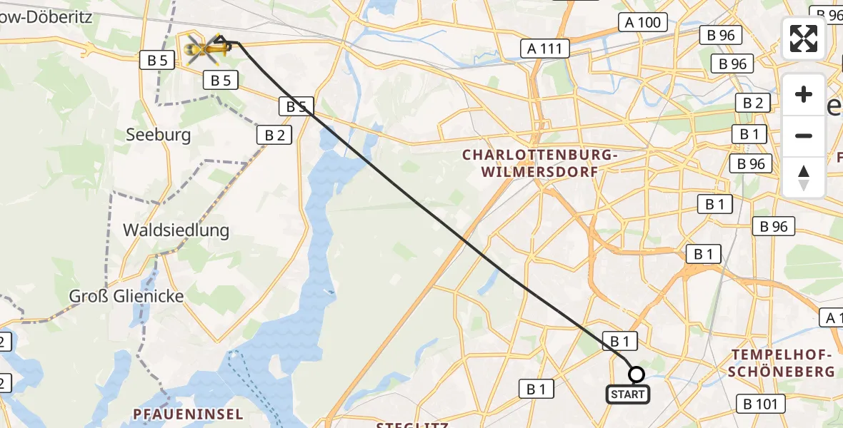 Flugroute Rettungshubschrauber Charité Clinic Benjamin Franklin Campus - Berlin, 25 Juli 2026, 18:59