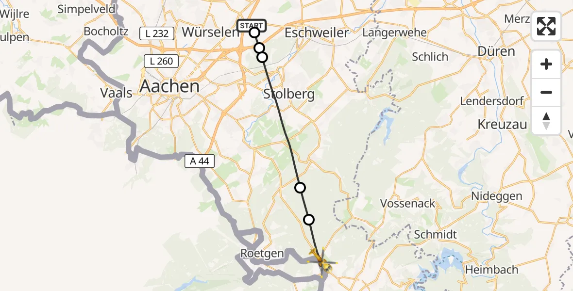 Flugroute Rettungshubschrauber Aachen-Merzbrück Flughafen - Simmerath, 25 Juli 2026, 19:05