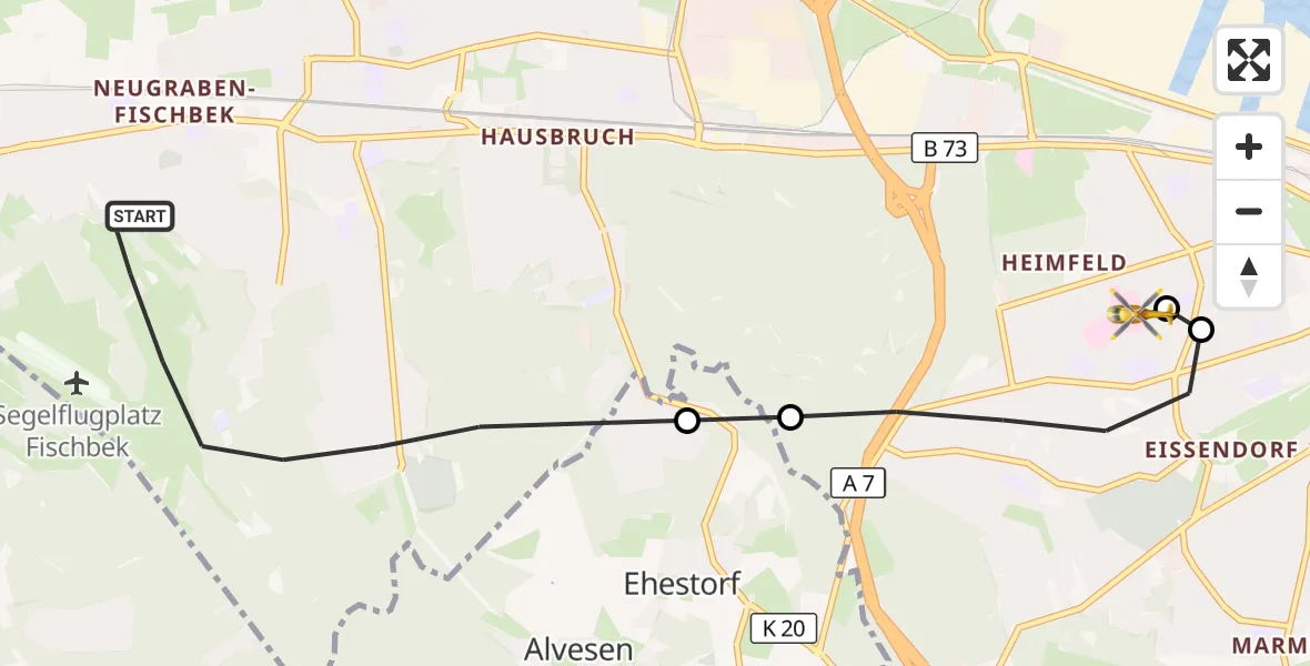 Flugroute Rettungshubschrauber Hamburg - Asklepios Hospital Harburg, 25 Juli 2026, 19:07