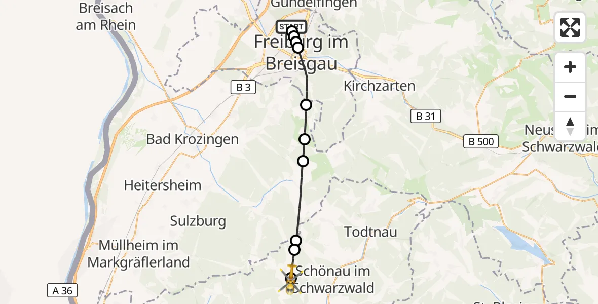 Flugroute Ambulanzhubschrauber Freiburg im Breisgau Flugplatz - Kleines Wiesental, 25 Juli 2026, 19:10