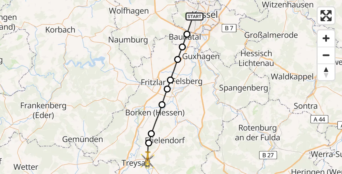 Flugroute Rettungshubschrauber Kassel - Schwalmstadt, 25 Juli 2026, 19:18