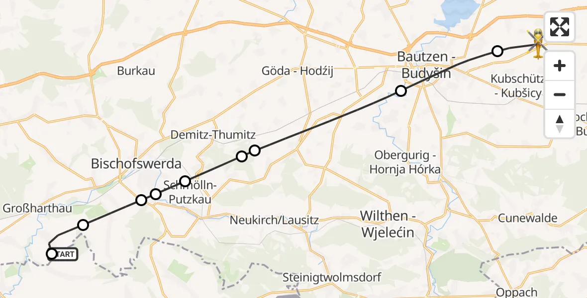 Flugroute Rettungshubschrauber Stolpen - Bautzen Flugplatz, 25 Juli 2026, 19:20