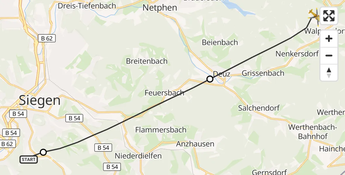 Flugroute Rettungshubschrauber Evangelisches Jung-Stilling Hospital - Netphen, 25 Juli 2026, 19:23