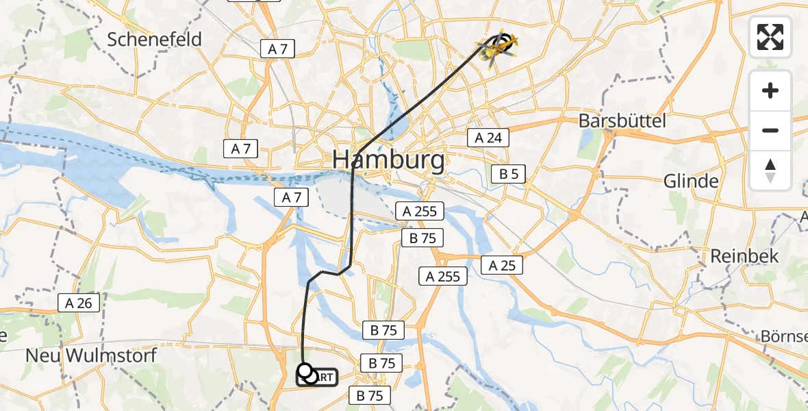 Flugroute Rettungshubschrauber Asklepios Hospital Harburg - Hamburg Military Hospital, 25 Juli 2026, 19:25