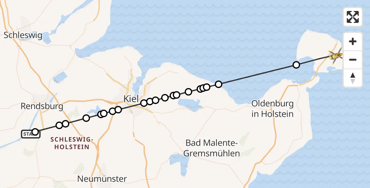 Flugroute Ambulanzhubschrauber Hörsten - Fehmarn, 25 Juli 2026, 19:26