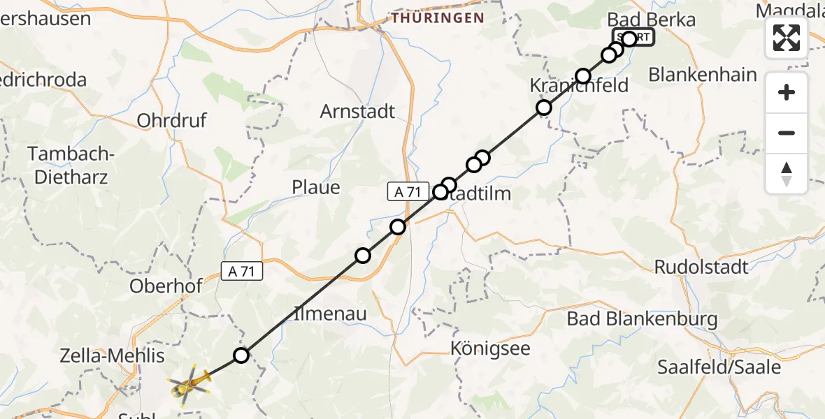 Flugroute Ambulanzhubschrauber Bad Berka Central Hospital - Suhl, 25 Juli 2026, 19:30