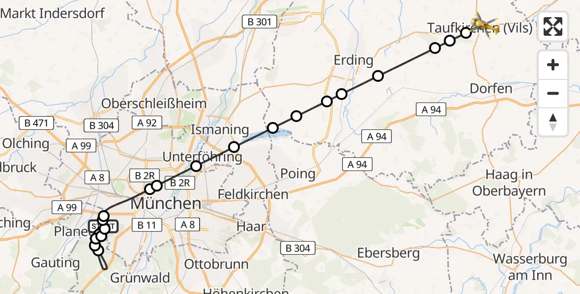 Flugroute Rettungshubschrauber DRF Air Rescue München Hubschrauberlandeplatz - Taufkirchen (Vils), 25 Juli 2026, 19:43