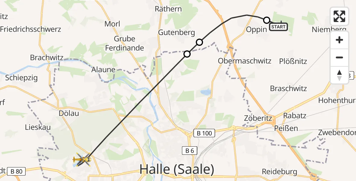 Flugroute Rettungshubschrauber Halle-Oppin Flugplatz - Halle (Saale), 25 Juli 2026, 19:44