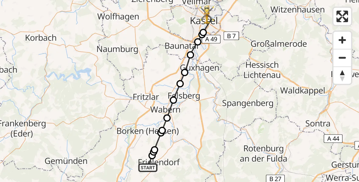 Flugroute Rettungshubschrauber Frielendorf - Kassel, 25 Juli 2026, 19:51