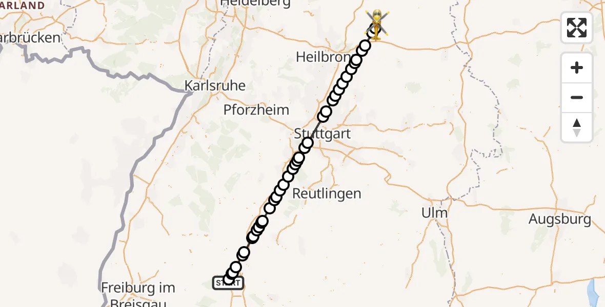 Flugroute Ambulanzhubschrauber DRF Air Rescue Station Villingen-Schwenningen Hubschrauberlandeplatz (Christoph 11) - Forchtenberg, 25 Juli 2026, 19:52