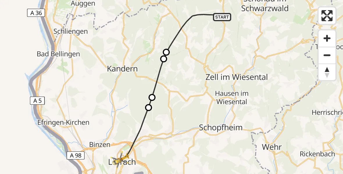 Flugroute Ambulanzhubschrauber Kleines Wiesental - Lörrach, 25 Juli 2026, 19:52