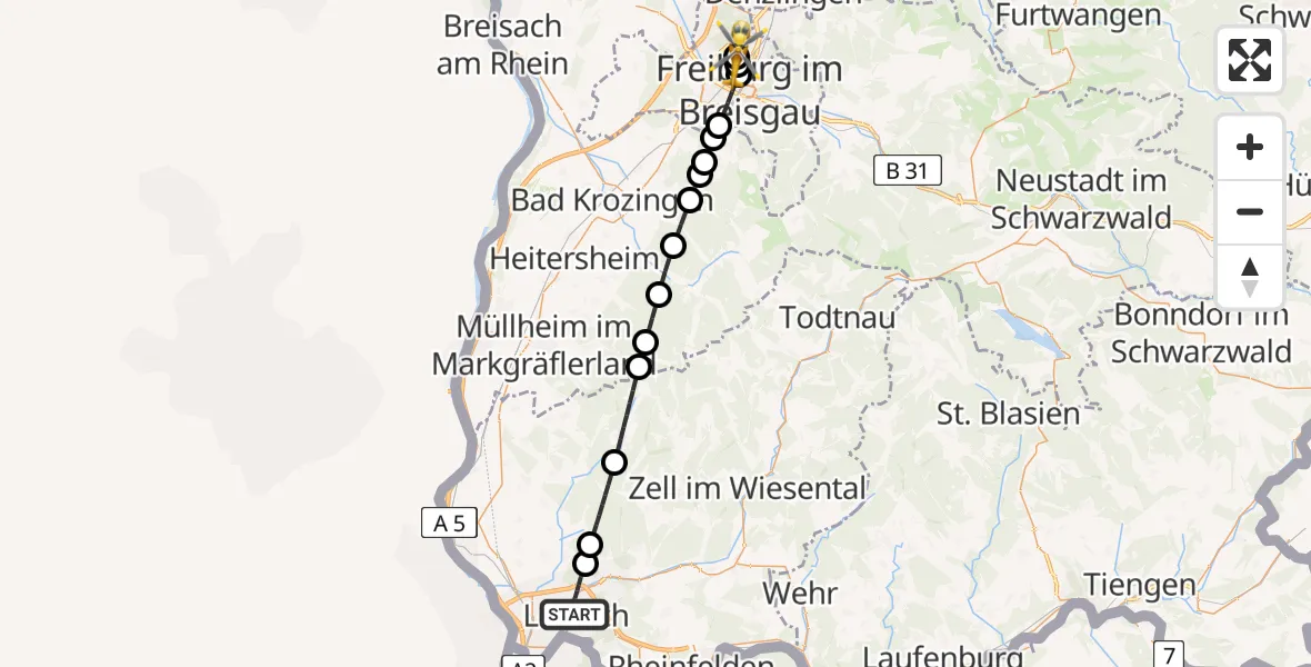 Flugroute Ambulanzhubschrauber Lörrach - Freiburg im Breisgau Flugplatz, 25 Juli 2026, 20:11