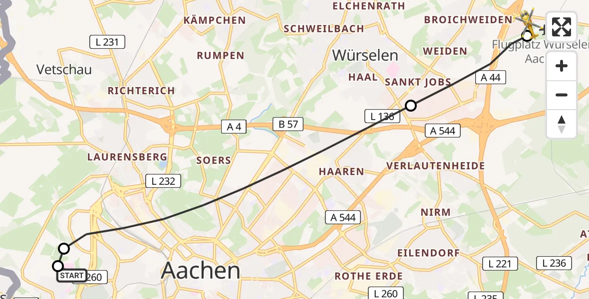 Flugroute Rettungshubschrauber Aachen Hospital - Aachen-Merzbrück Flughafen, 25 Juli 2026, 20:14