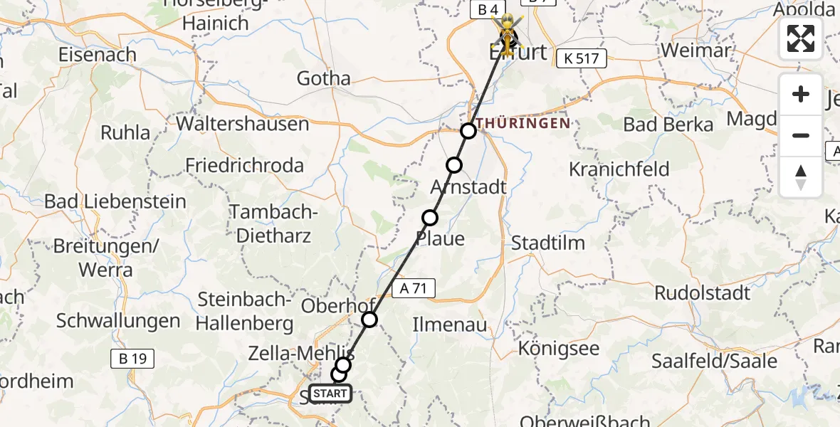 Flugroute Ambulanzhubschrauber Suhl - Helios Clinic Erfurt, 25 Juli 2026, 20:15