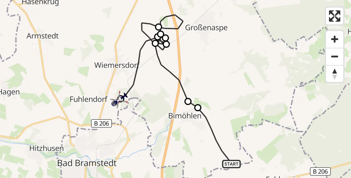 Flugroute Polizeihubschrauber Bimöhlen - Bad Bramstedt Hubschrauberlandeplatz, 25 Juli 2026, 20:15