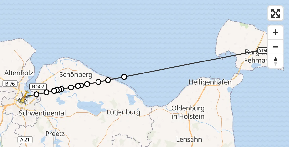 Flugroute Ambulanzhubschrauber Fehmarn - Kiel, 25 Juli 2026, 20:15