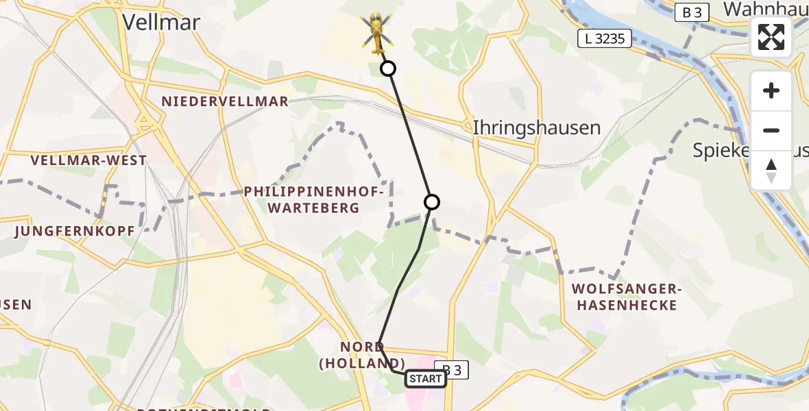 Flugroute Rettungshubschrauber Kassel - Fuldatal Bundespolizei Hubschrauberlandeplatz, 25 Juli 2026, 20:20